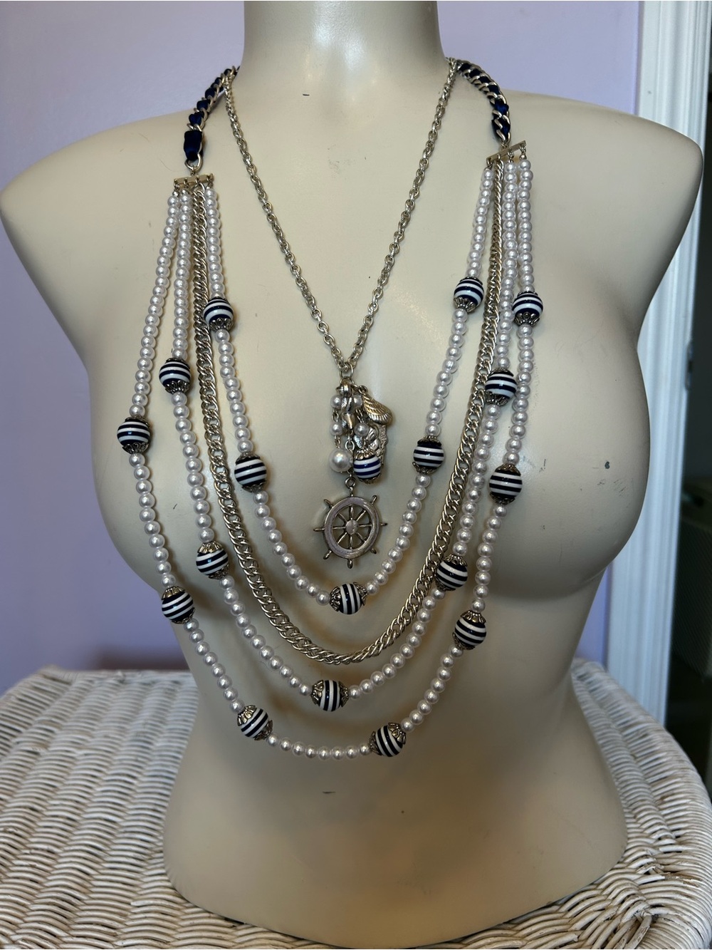 Layered Pearl and Nautical Charm Necklace - White & Navy